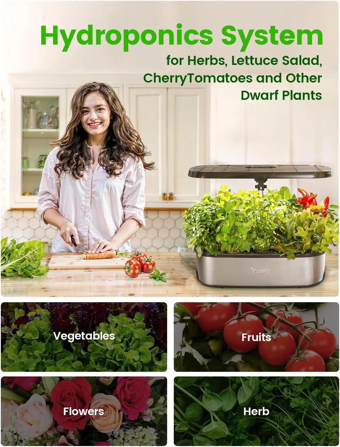 Système de plantation hydroponique, jardin d'intérieur intelligent pour 12 herbes aromatiques, contrôle par application et Wi-Fi, avec LED de croissance 24 W, réservoir d'eau 5,5 L, système de pompage et minuterie automatique.