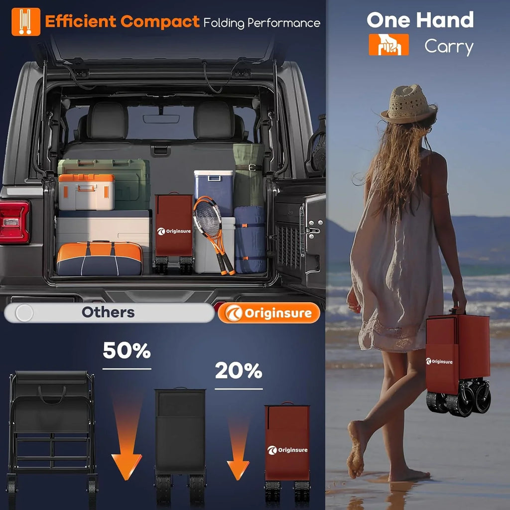 Poussette pliable à quatre roues de 96 cm de long, pliable, capacité de 200 kg, poussette de plage pliable robuste de 220 litres avec de grands pneus tout-terrain