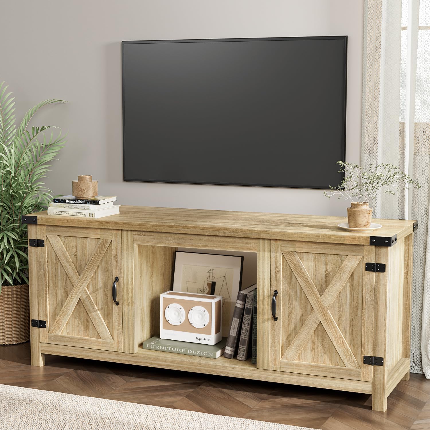 YESHOMY tv-meubel met open haard en twee schuifdeuren, opbergkasten voor tv's tot 65 inch en groter, entertainmentmeubel, mediameubel voor de woonkamer, 58 inch 