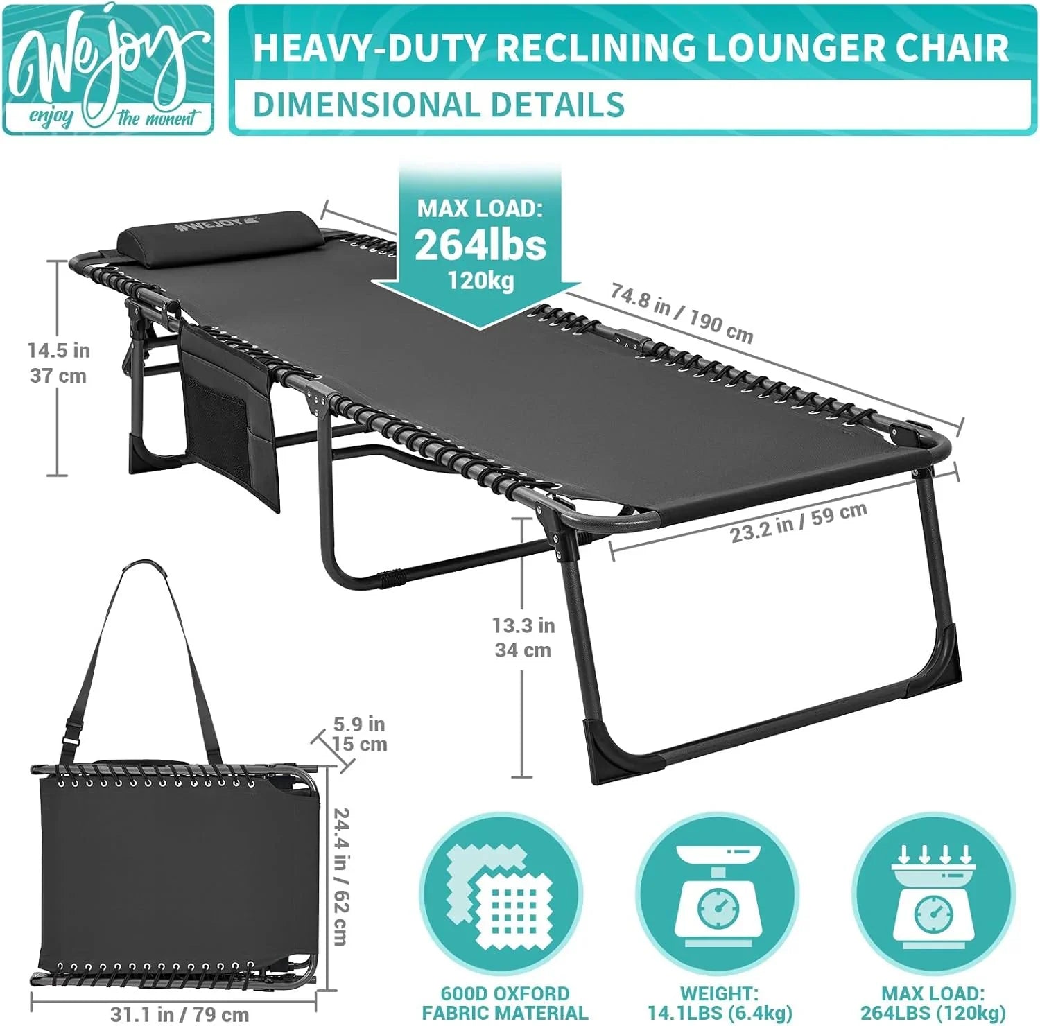 Lot de 2 chaises longues d'extérieur - Chaise longue pliante portable pour patio, piscine, camping, inclinable et réglable sur 5 positions