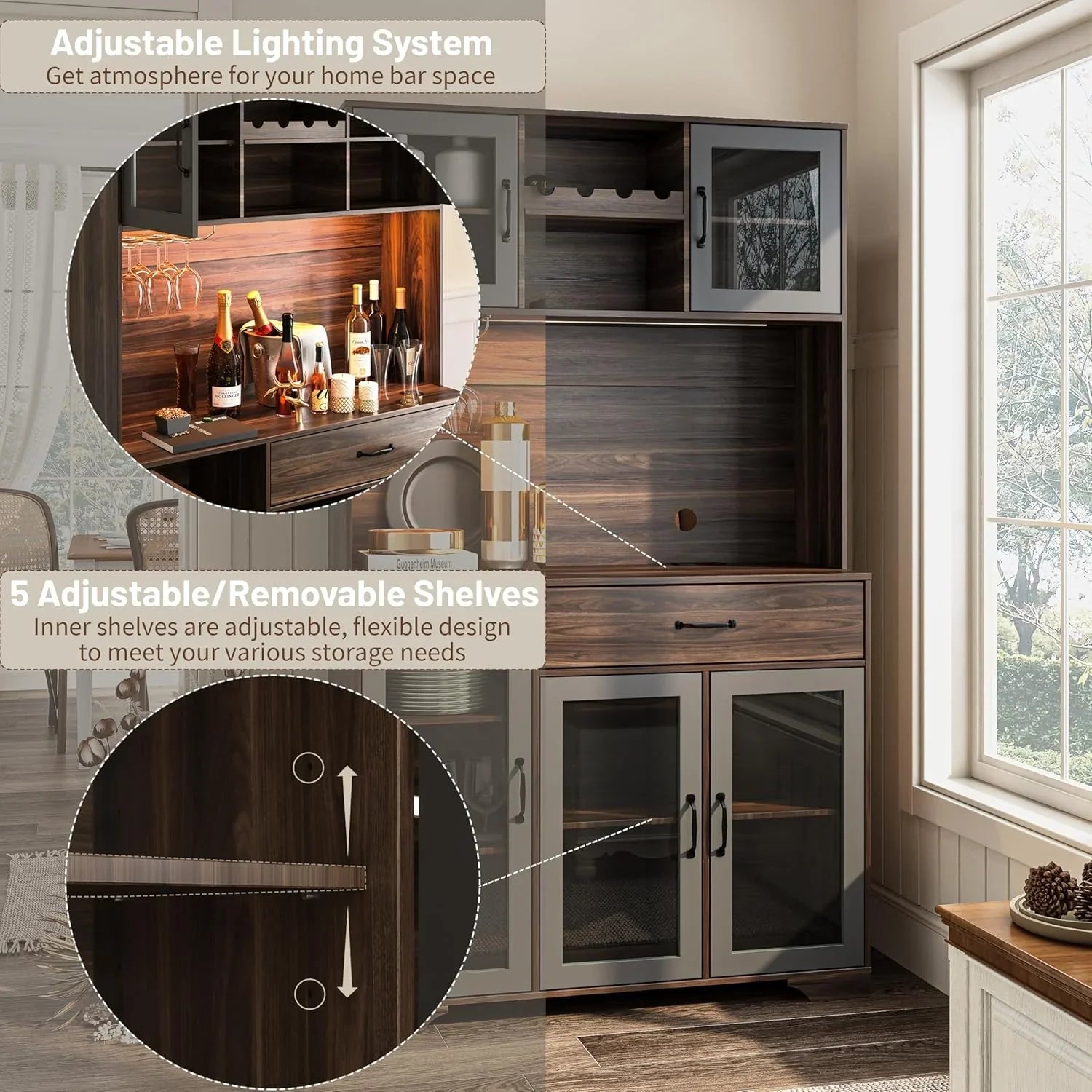 Armoire de garde-manger de 180 cm de haut avec portes vitrées