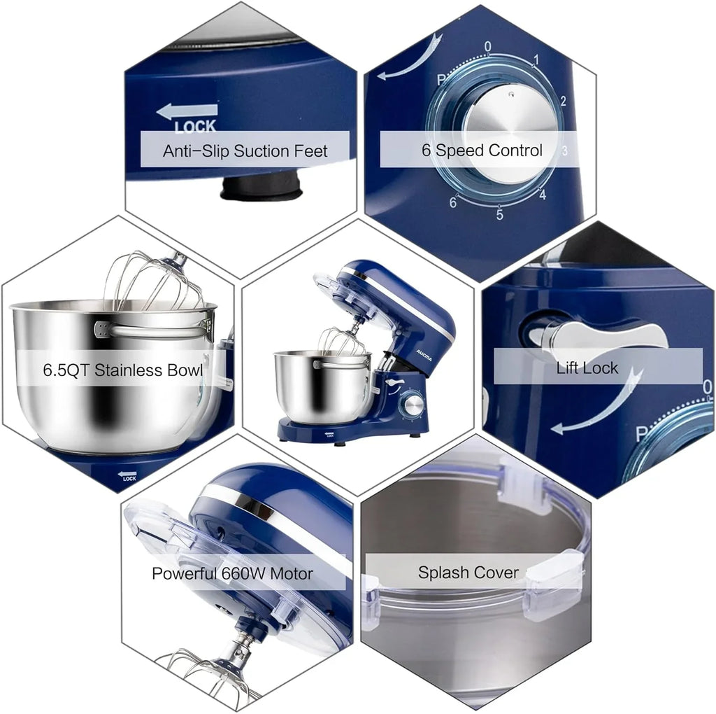 Batteur sur socle Aucma, 6,5 pintes, 660 W, 6 vitesses, tête inclinable, batteur électrique de cuisine avec crochet pétrisseur