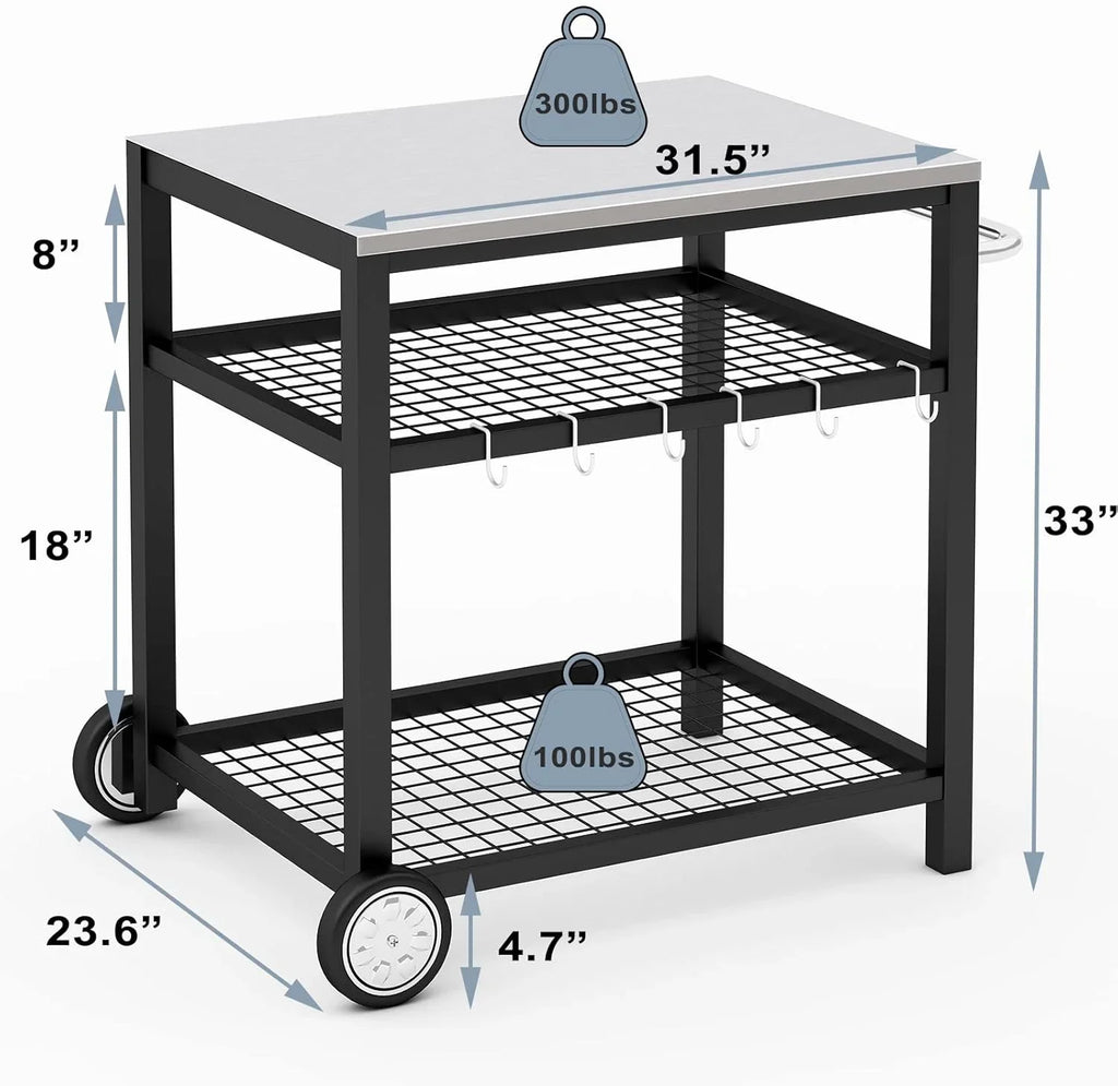 Chariot de barbecue d'extérieur en acier inoxydable, support de four à pizza, table roulante, chariot de barbecue robuste