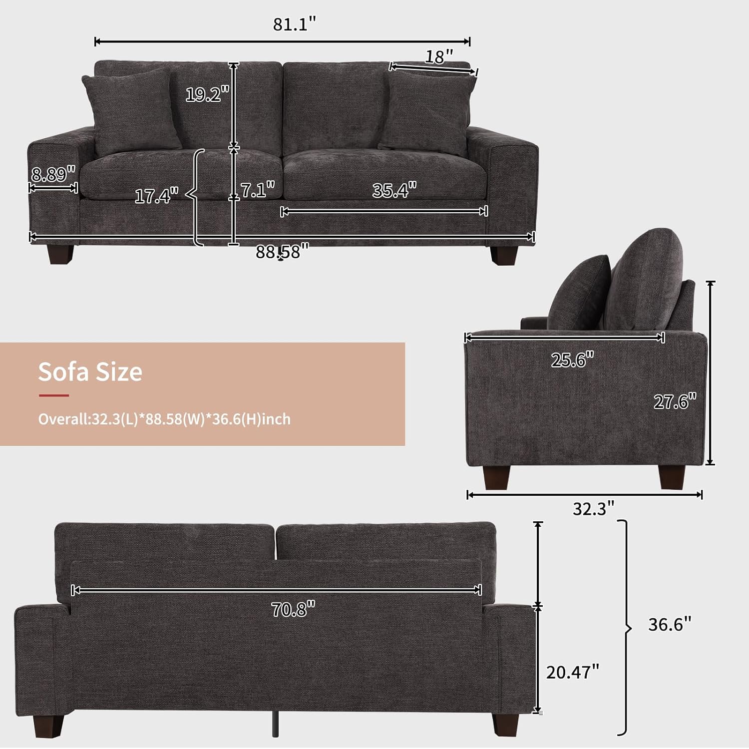 Canapé double de salon DOPEDIO, fauteuil en chenille, amovible, structure en bois massif