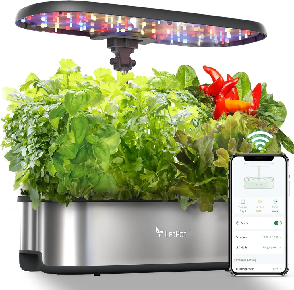 Système de plantation hydroponique, jardin d'intérieur intelligent pour 12 herbes aromatiques, contrôle par application et Wi-Fi, avec LED de croissance 24 W, réservoir d'eau 5,5 L, système de pompage et minuterie automatique.