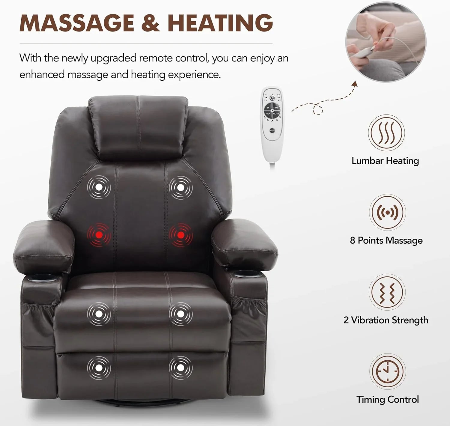 Grand fauteuil inclinable pivotant à bascule avec fonction chauffage et massage, canapé simple pivotant à 360 degrés