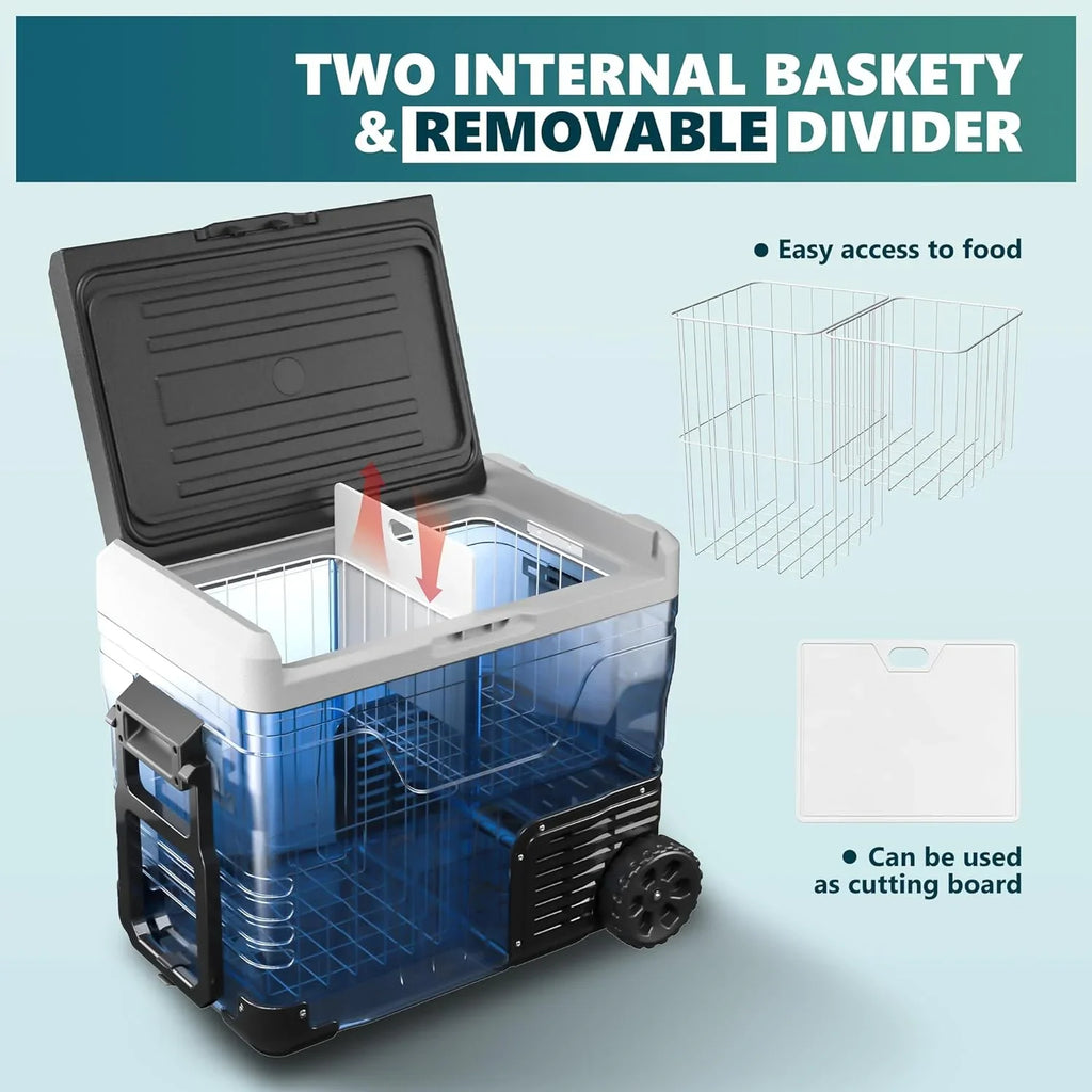 Réfrigérateur EUHOMY 12V, 53 qt (50 litres) Congélateur électrique Congélateur portable 12V Congélateur avec roulettes et 2 paniers