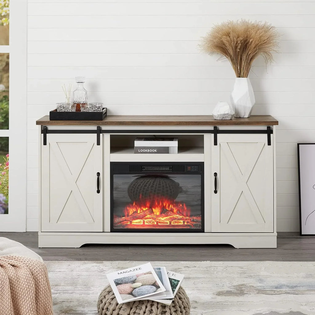 Meuble TV avec cheminée AMERLIFE et portes coulissantes style grange, compatible avec les téléviseurs jusqu'à 73 pouces, centre de divertissement avec cheminée de style ferme