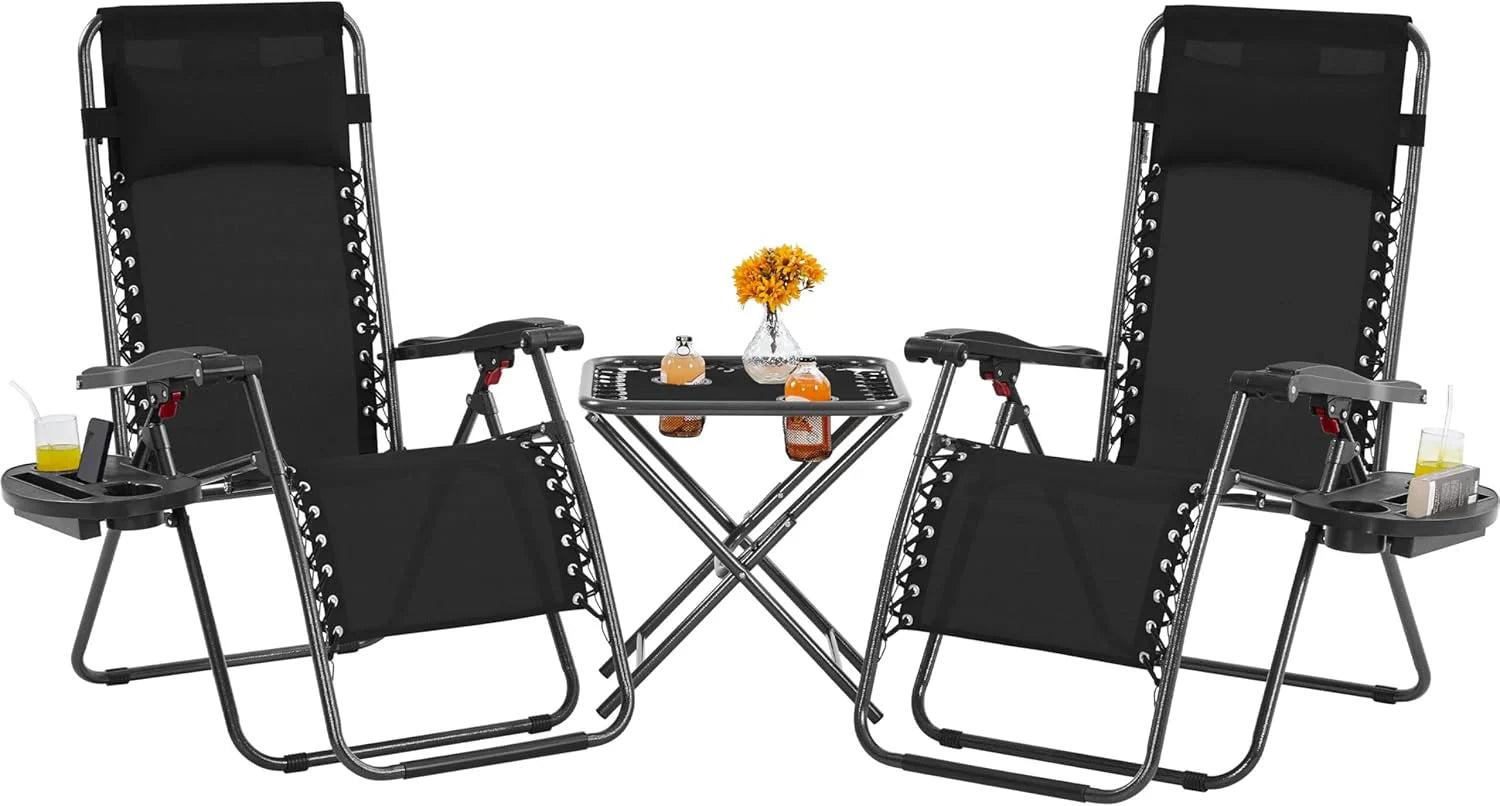Ensemble de 3 chaises inclinables portables d'extérieur à gravité zéro avec table d'appoint et chaises longues pliantes