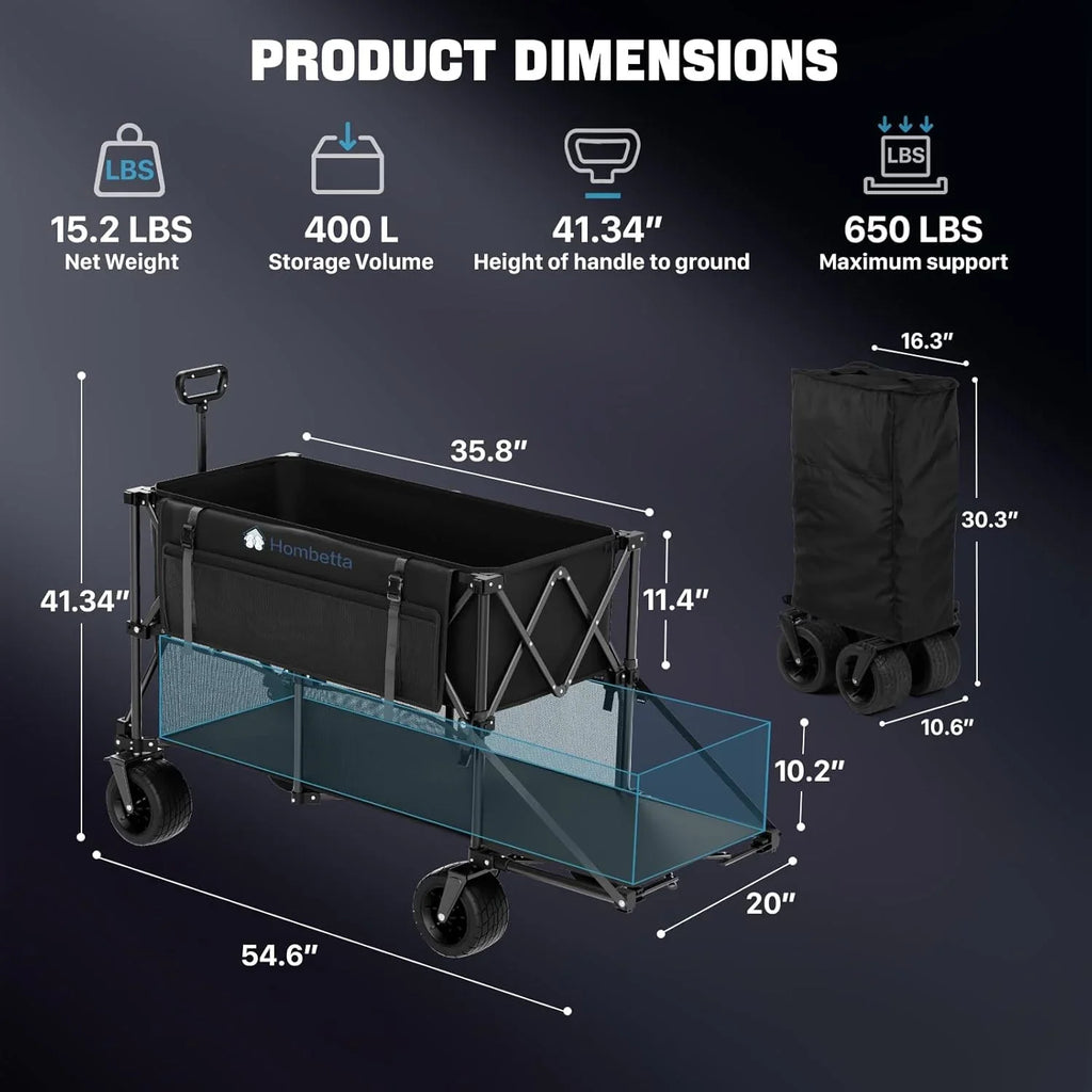 Chariot de voyage pliable extra large de 48 pouces, capacité de 254 kg, chariot utilitaire robuste de 350 L avec freins et roues tout-terrain.