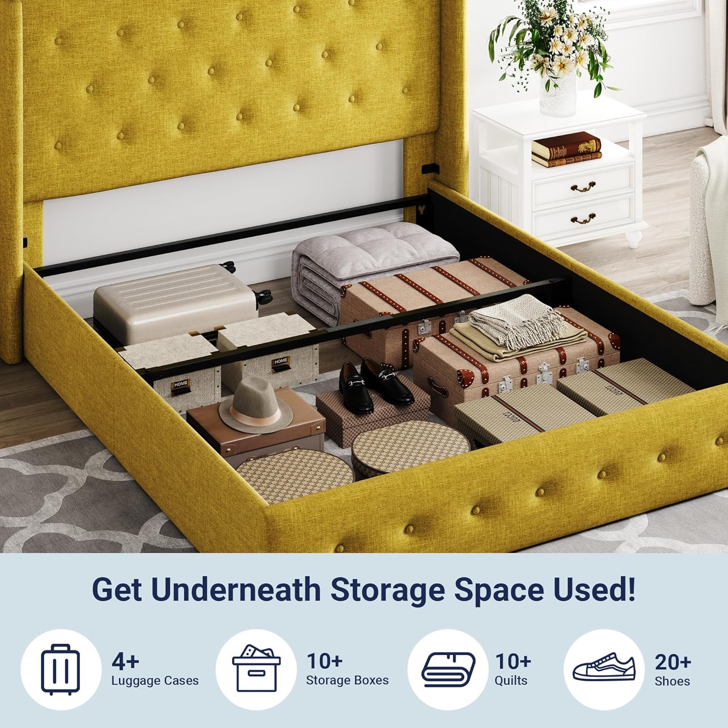 Lit queen-size relevable avec rangement Allewie, tête de lit à oreilles moderne et support hydraulique