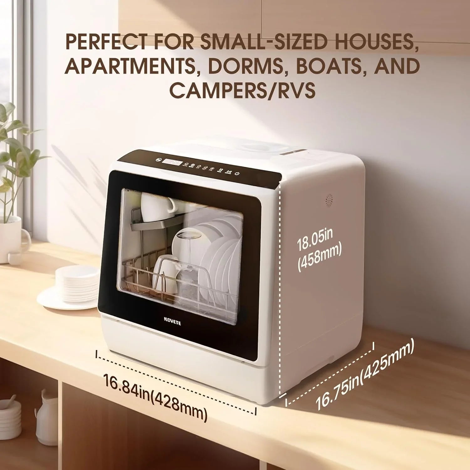 Lave-vaisselle de table portable NOVETE, lave-vaisselle compact avec réservoir d'eau intégré de 5 litres et tuyau d'arrivée d'eau, 5 programmes de lavage