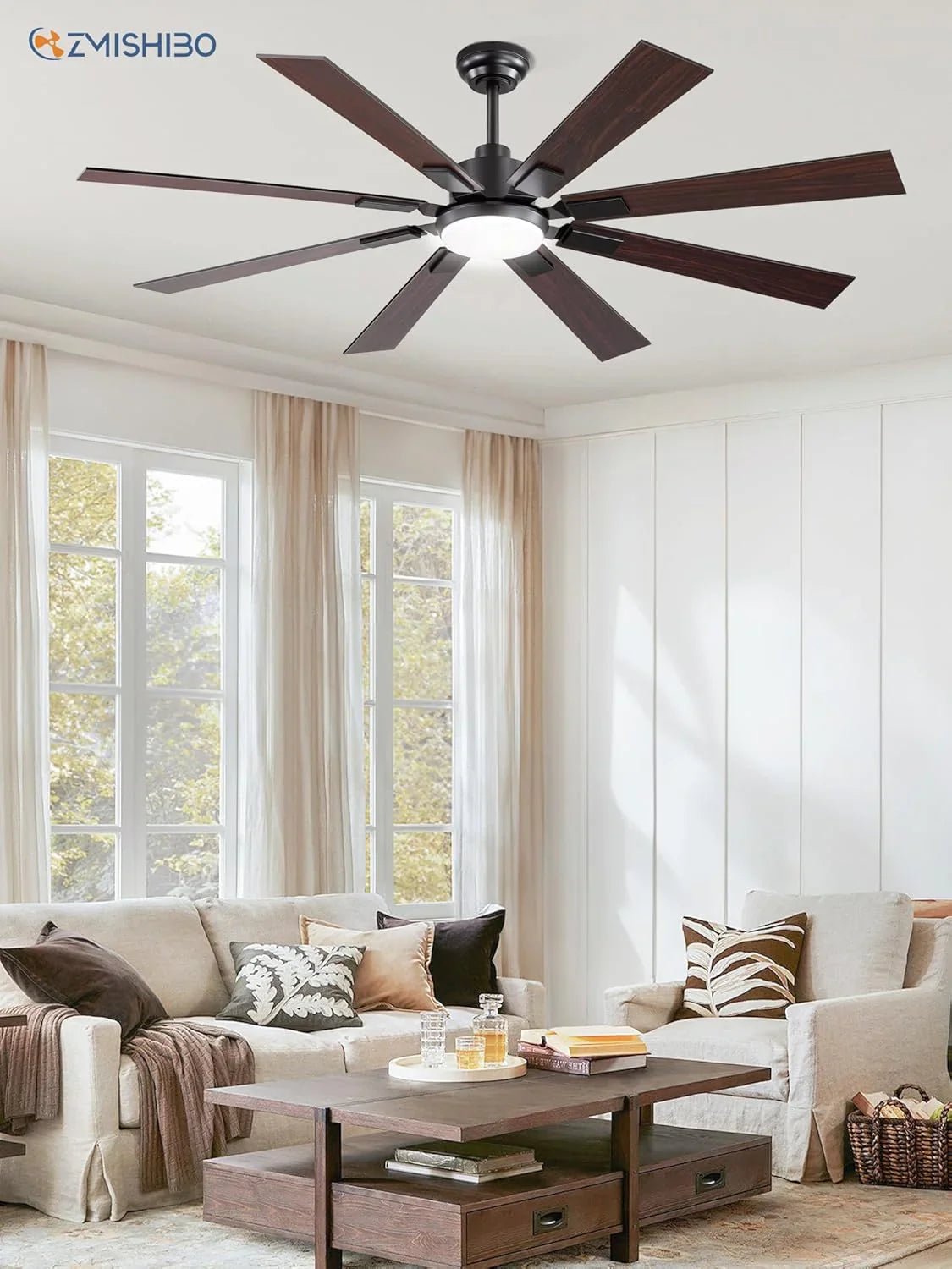 Grand ventilateur de plafond Zmishibo de 72 pouces avec éclairage et télécommande intérieur/extérieur