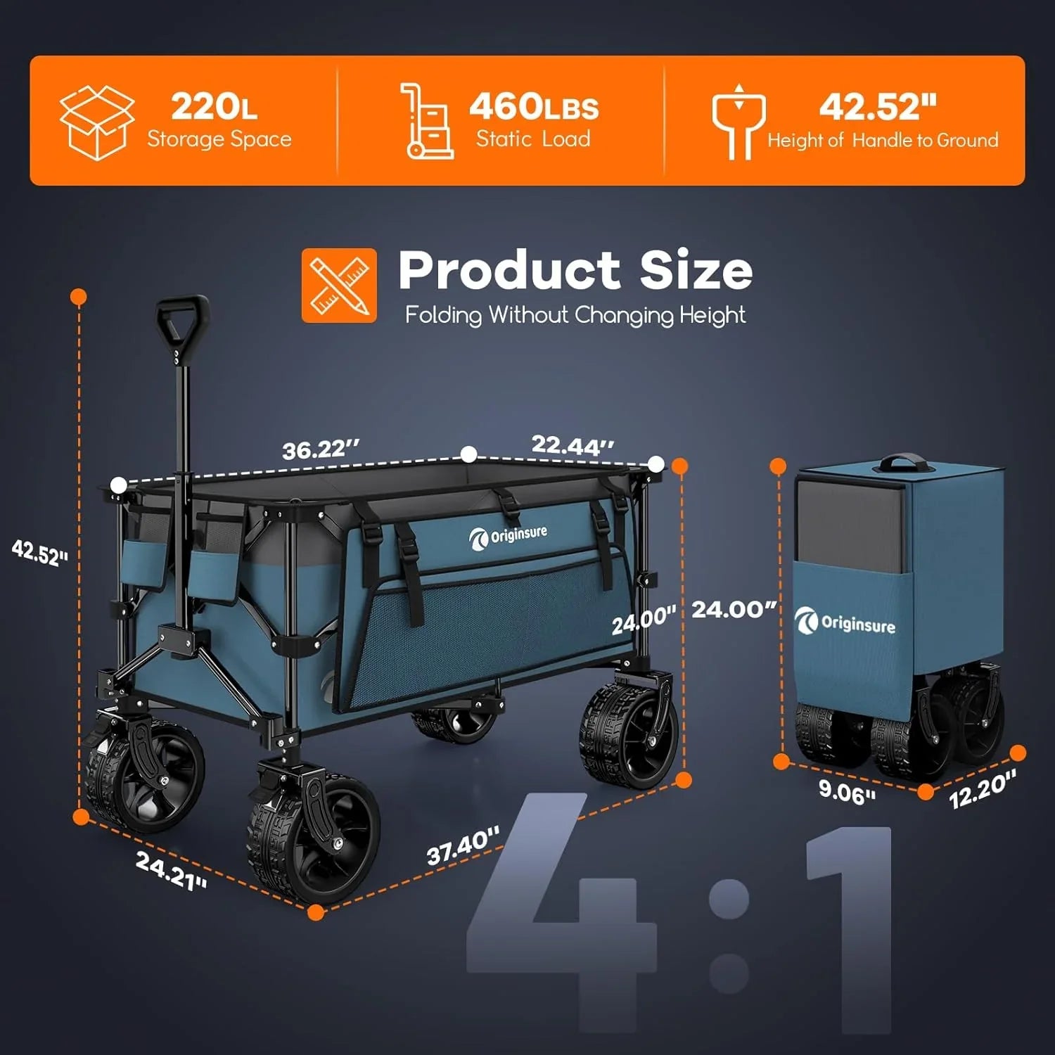 Poussette pliable à quatre roues de 96 cm de long, pliable, capacité de 200 kg, poussette de plage pliable robuste de 220 litres avec de grands pneus tout-terrain