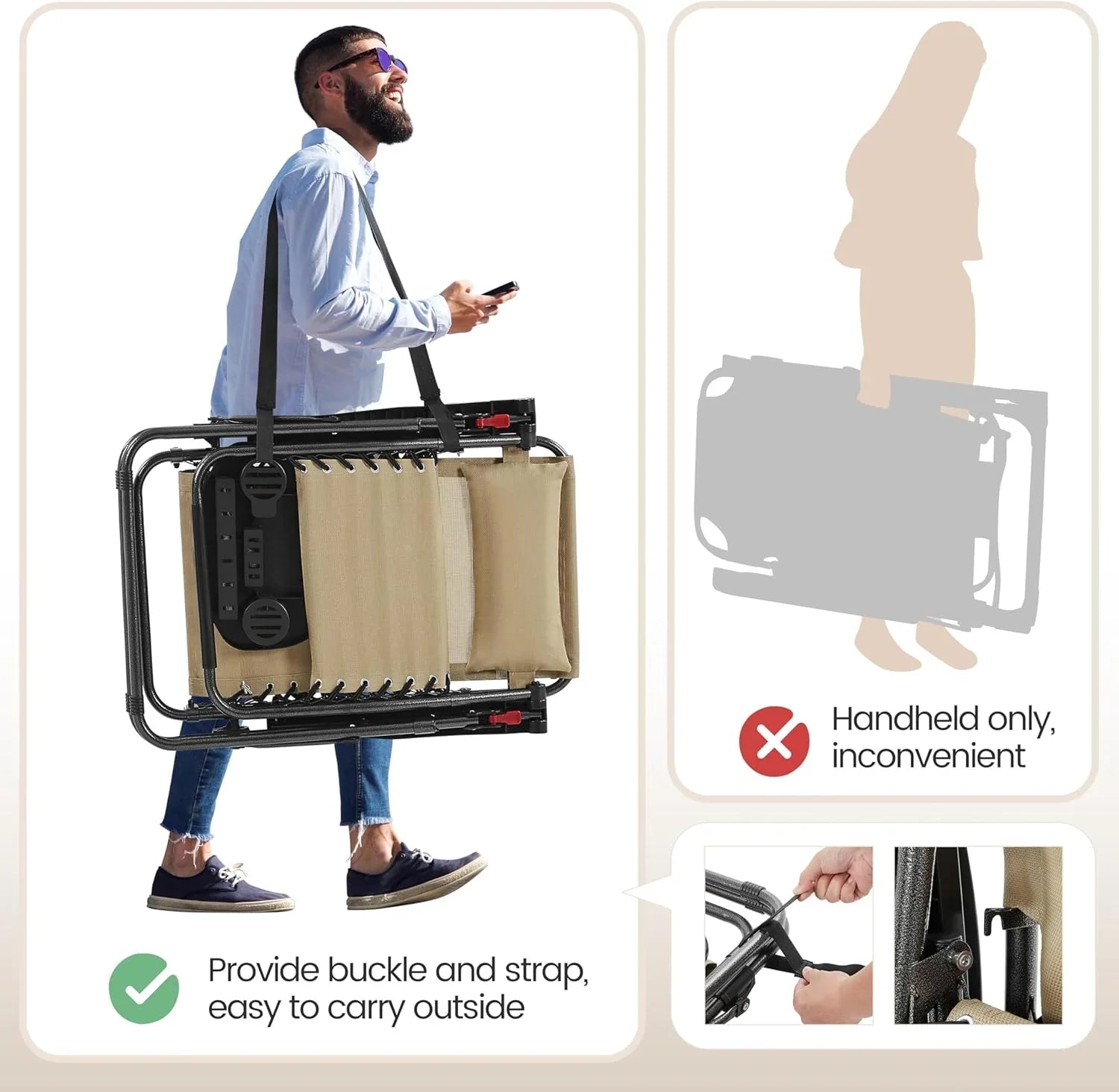 Ensemble de 3 chaises inclinables portables d'extérieur à gravité zéro avec table d'appoint et chaises longues pliantes