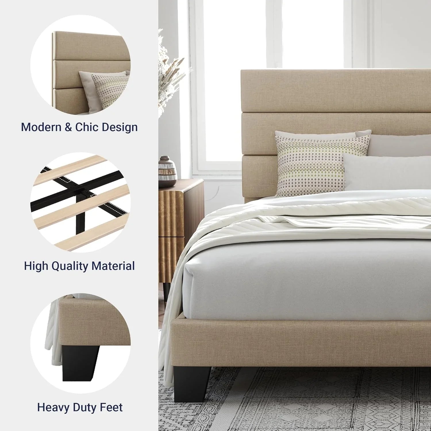 Cadre de lit plateforme Allewie Queen Size avec tête de lit rembourrée en tissu et support à lattes en bois, sommier entièrement rembourré (pas besoin de sommier)