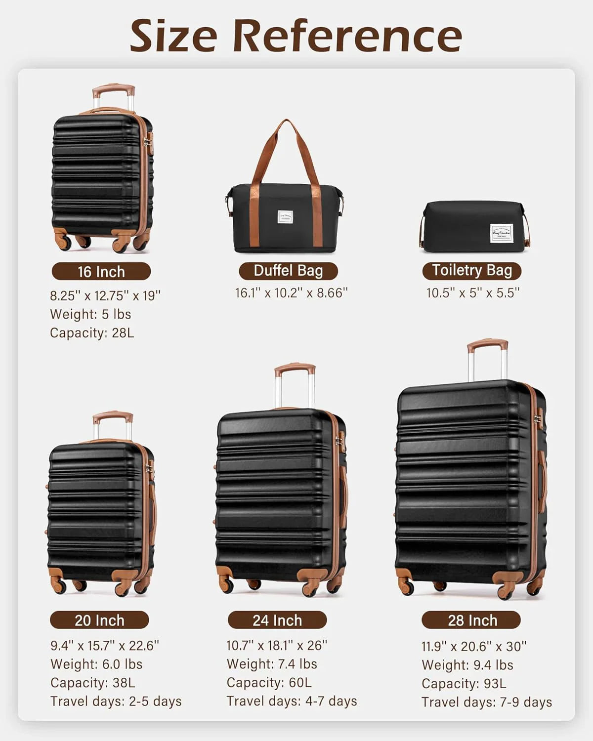 Ensemble de bagages LONG VACANCES 6 pièces : valise cabine rigide en ABS et PC, roulettes pivotantes et fermeture éclair YKK, cadenas TSA