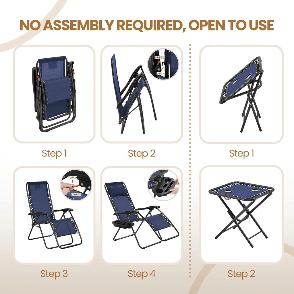 Ensemble de 3 chaises inclinables portables d'extérieur à gravité zéro avec table d'appoint et chaises longues pliantes