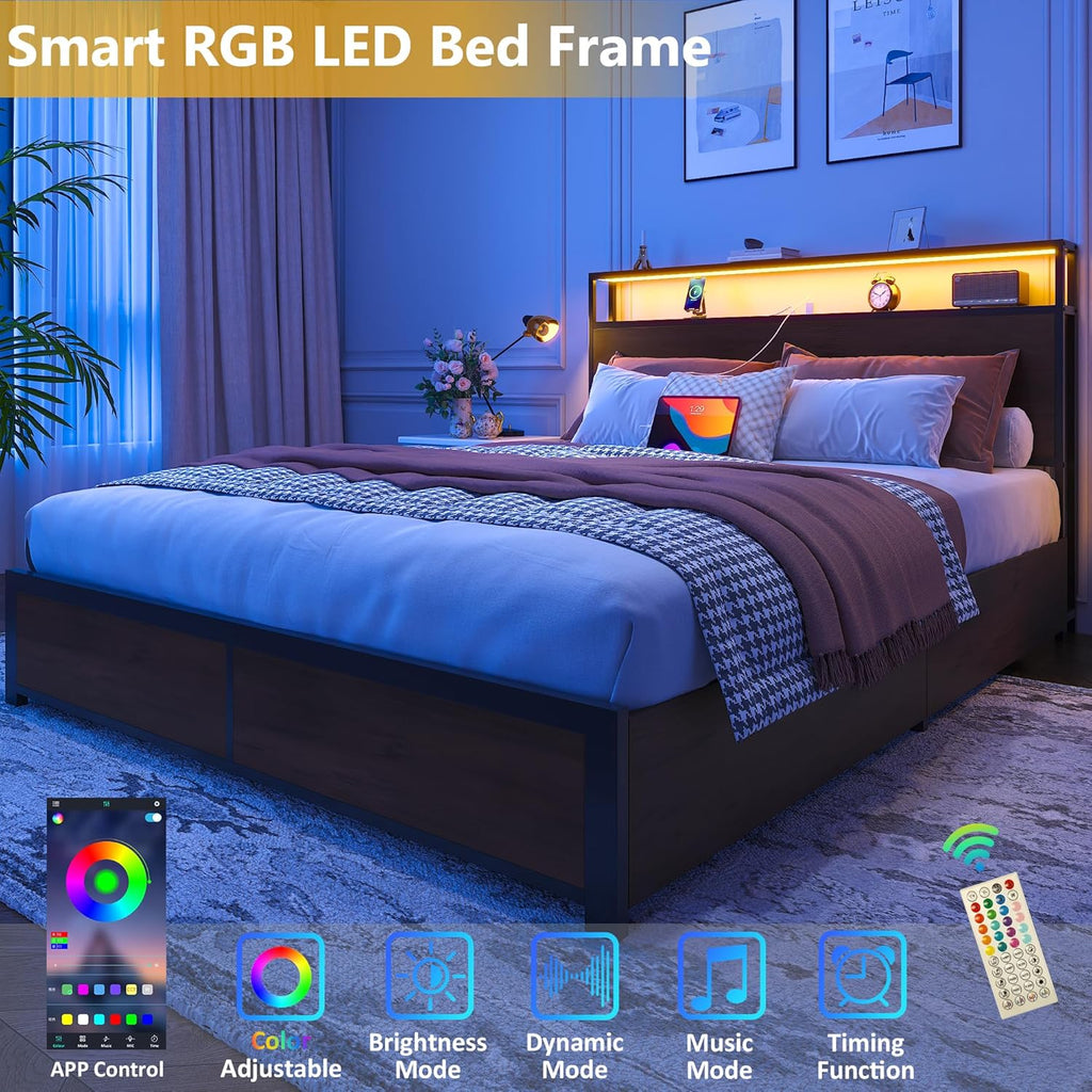 Cadre de lit Queen Lifezone avec tête de lit double et plateau de rangement en métal