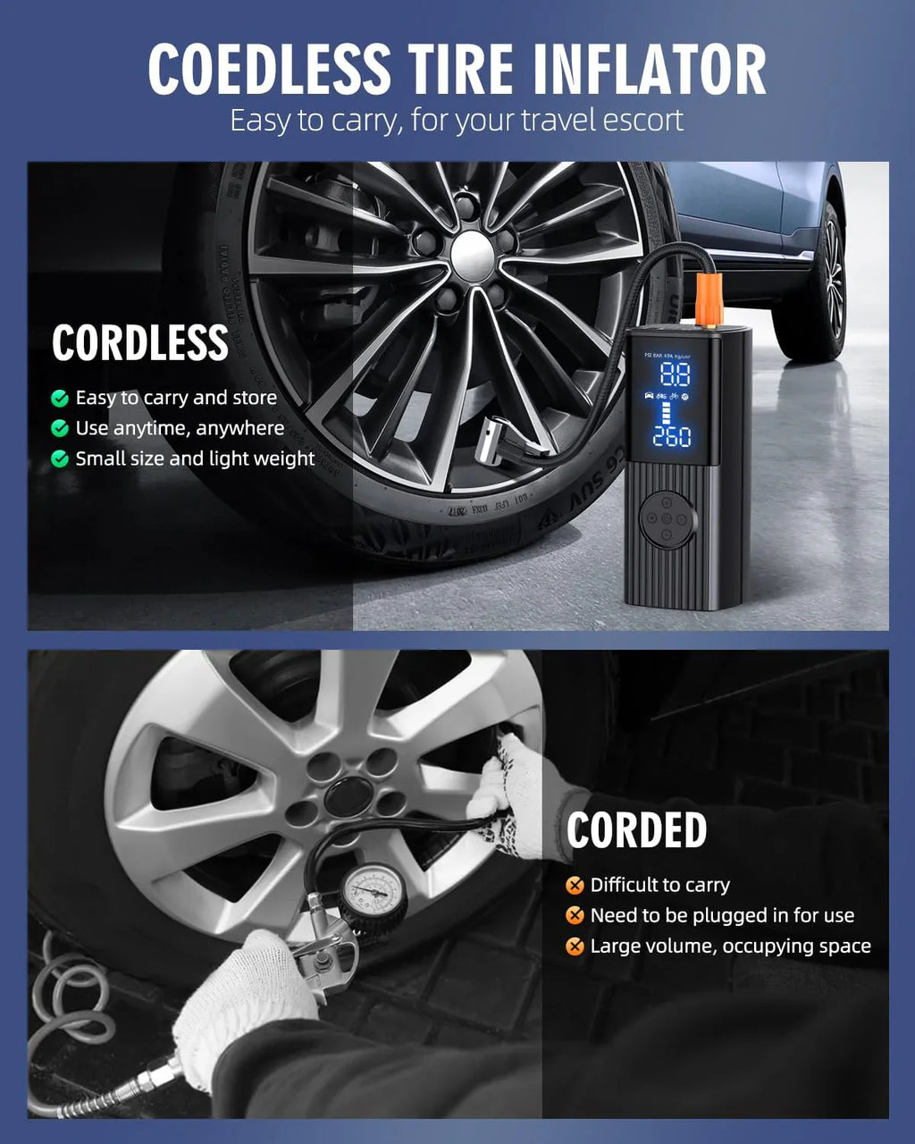 Compresseur d'air portable 180 PSI avec éclairage LED, 25 000 mAh, gonflage 3 fois plus rapide pour voiture, vélo, moto, ballon, etc.