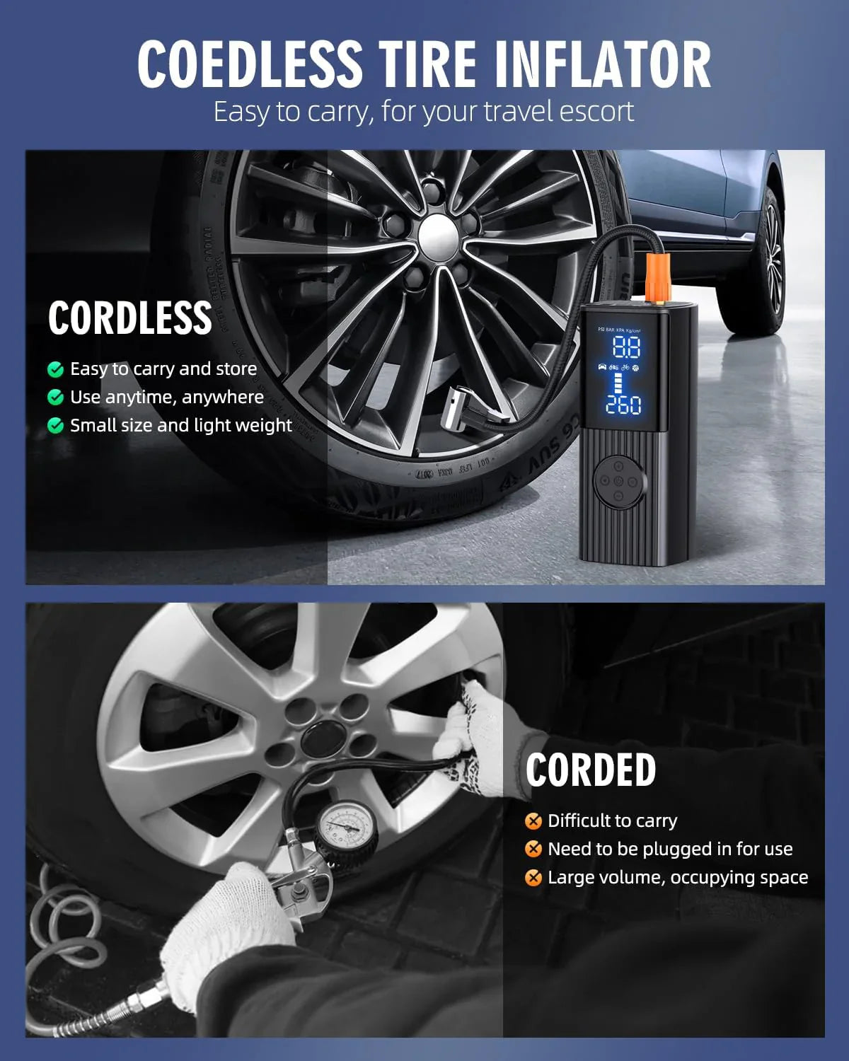 Draagbare luchtcompressor van 180 PSI met LED-verlichting, 25.000 mAh, 3 keer sneller oppompen voor auto, fiets, motor, bal, enz. 