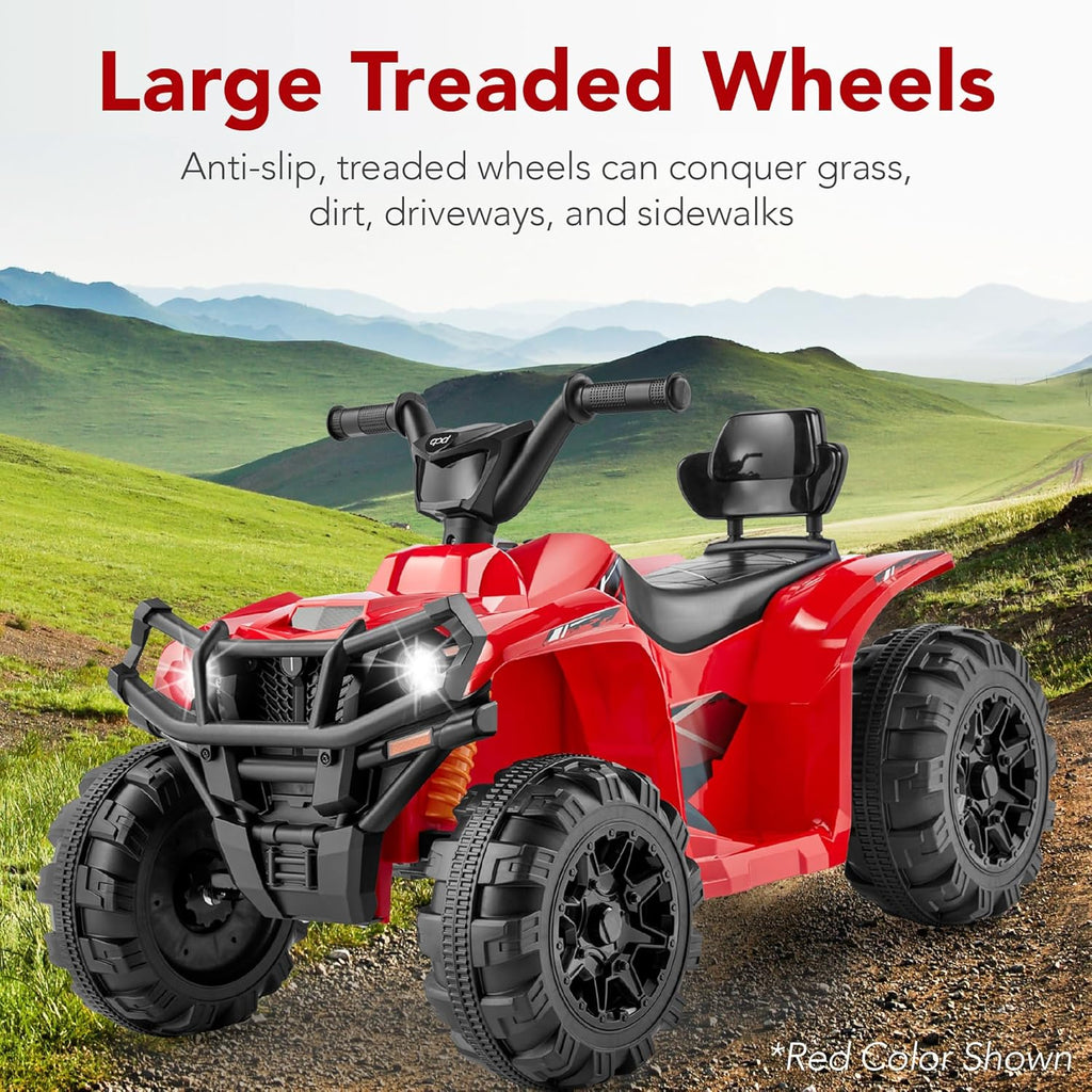 Véhicule tout-terrain électrique 12 V pour enfants, quad à 4 roues avec audio Bluetooth, vitesse maximale de 2,4 mph, pneus à crampons, phares à LED et radio.