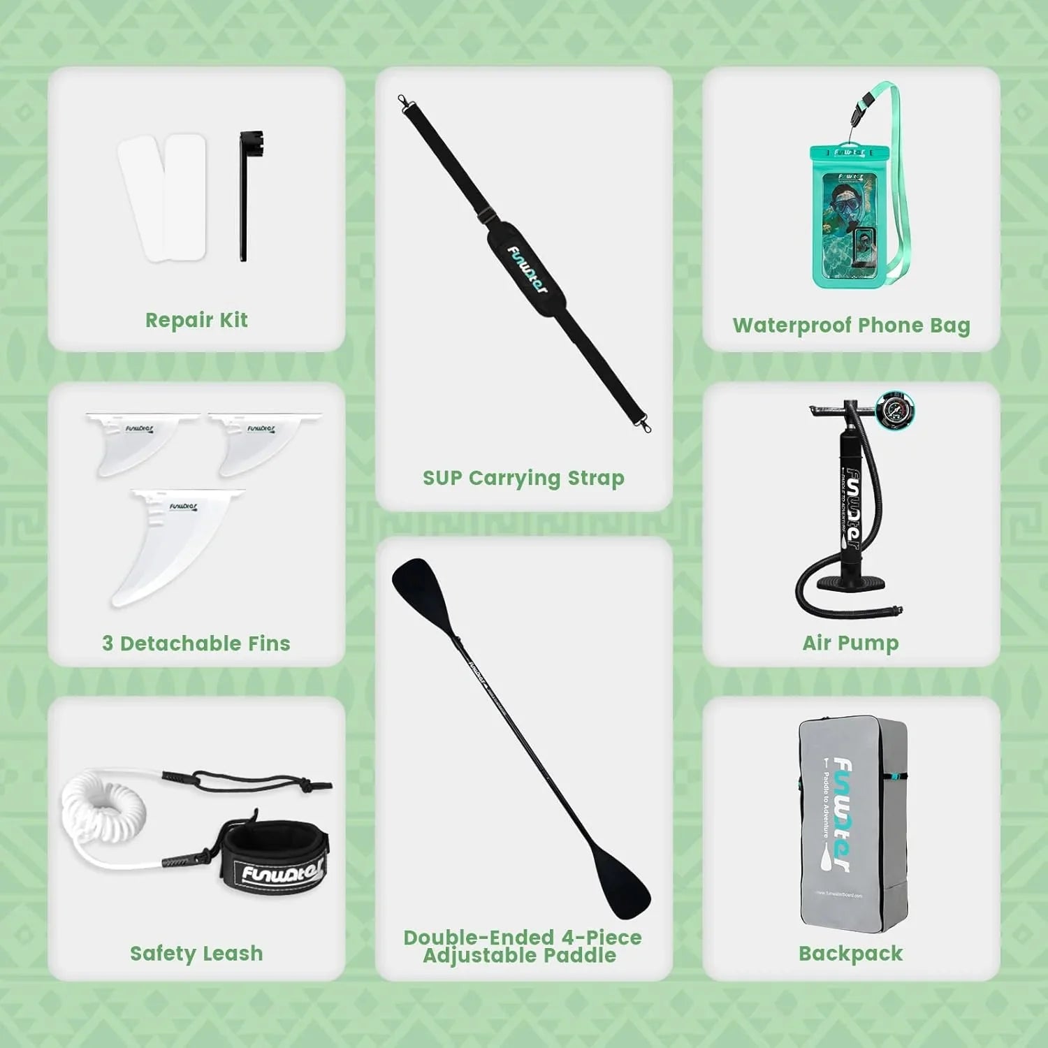 Planche de stand up paddle gonflable FunWater avec accessoires de pagaie SUP haut de gamme, pont EVA antidérapant, pagaie 11'/10'6'