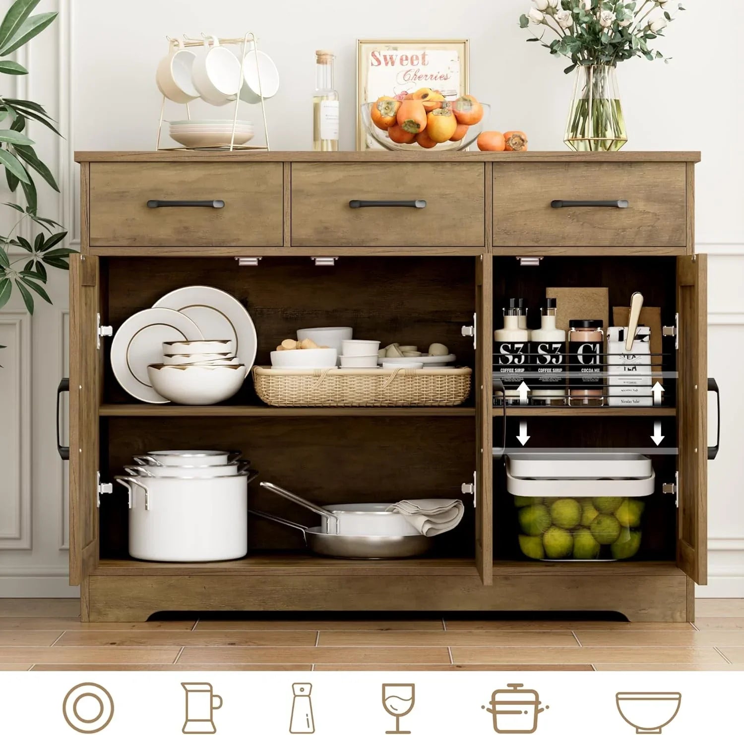 Buffet de ferme moderne, buffet de porte de grange avec tiroirs et étagères, bar à café en bois avec rangement