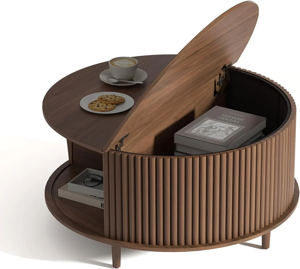 Table basse ronde avec rangement, table centrale encastrée avec portes coulissantes