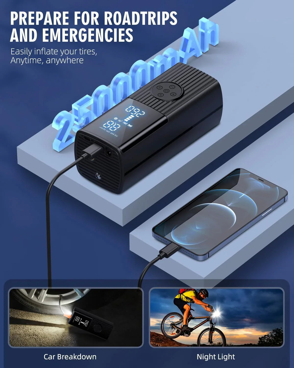 Compresseur d'air portable 180 PSI avec éclairage LED, 25 000 mAh, gonflage 3 fois plus rapide pour voiture, vélo, moto, ballon, etc.