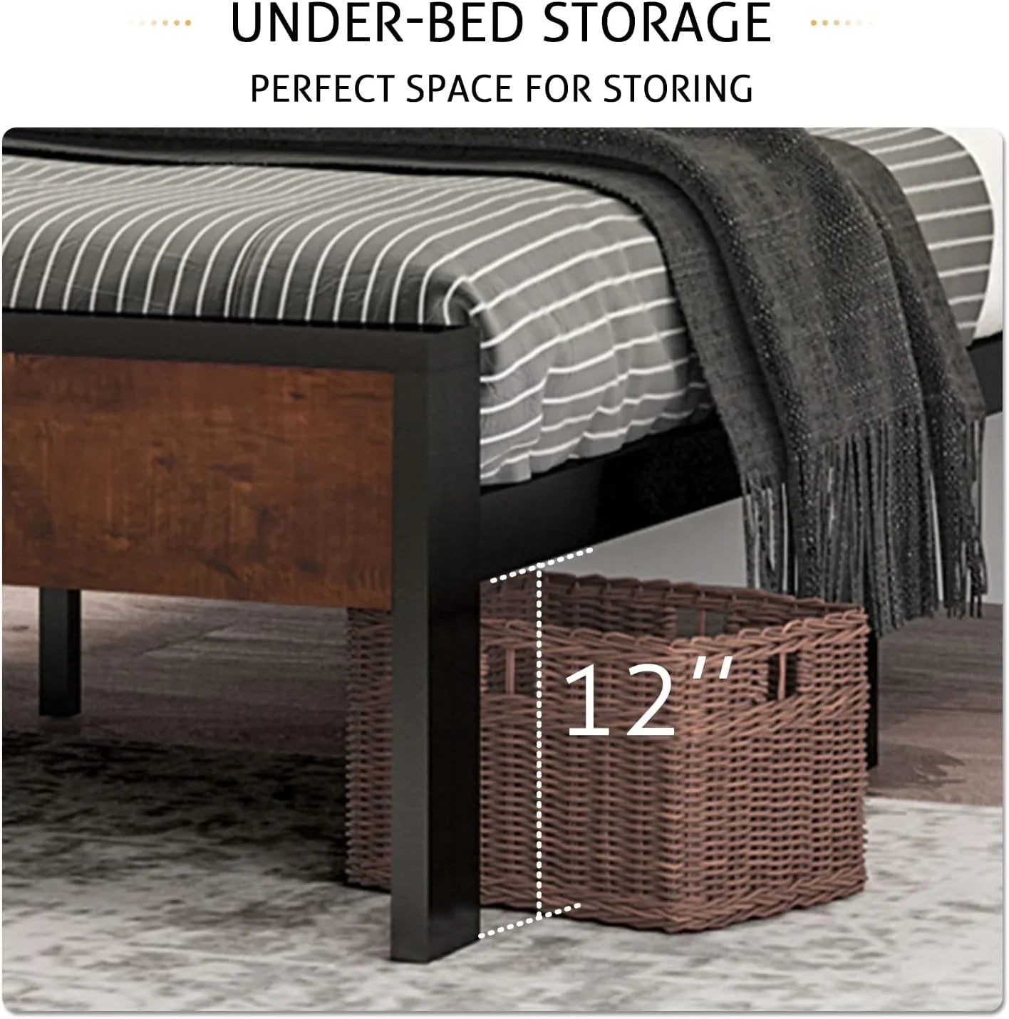 Cadre de lit plateforme en métal SHA CERLIN 14" Queen, antidérapant et silencieux, chêne noir