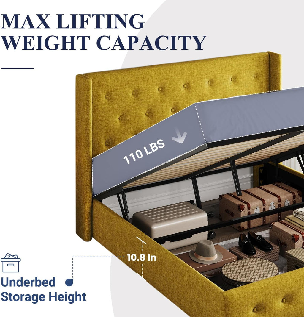 Lit queen-size relevable avec rangement Allewie, tête de lit à oreilles moderne et support hydraulique