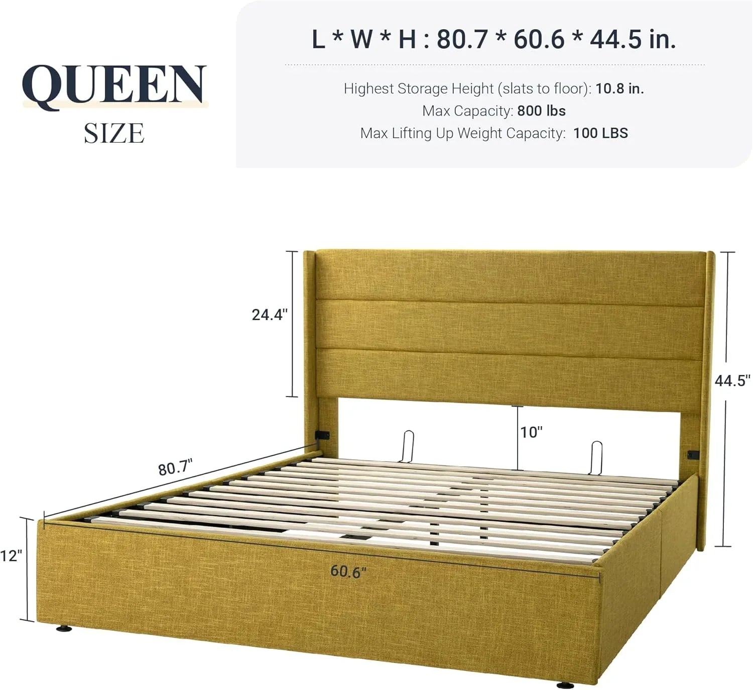 Lit queen-size relevable avec rangement Allewie, tête de lit à oreilles moderne et support hydraulique
