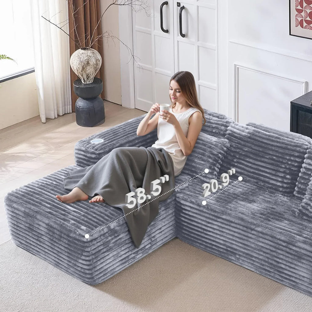 Cloud section sofa with L-shaped recliner, modern modular sofa, built-in cup holder