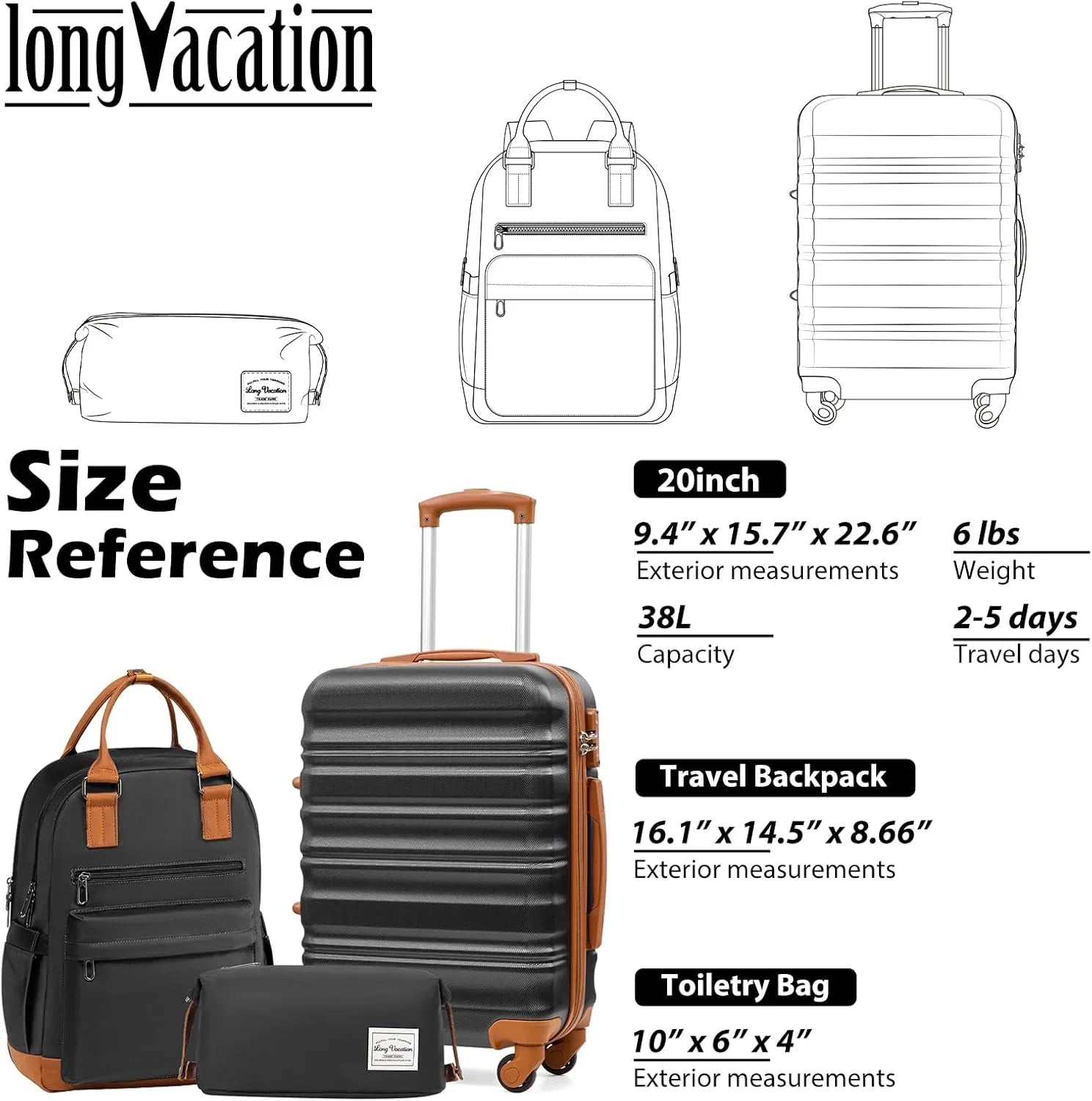 Ensemble de bagages LONG VACANCES 6 pièces : valise cabine rigide en ABS et PC, roulettes pivotantes et fermeture éclair YKK, cadenas TSA