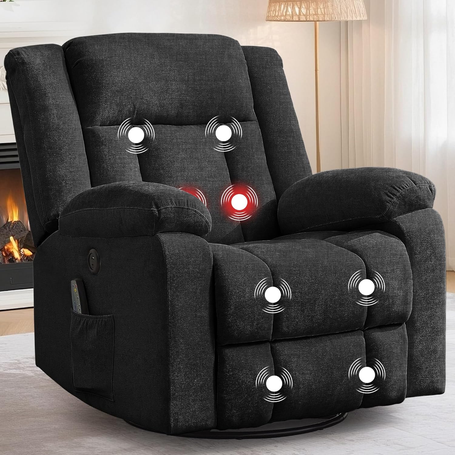 Fauteuil à bascule pour adulte, fauteuil inclinable coulissant, fauteuil à bascule rotatif à 360° avec fonction massage et chauffage