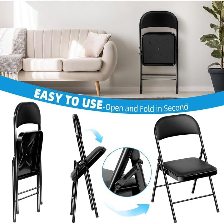 Lot de 6 chaises pliantes noires avec chaises en cuir pour événements intérieurs et extérieurs, chaises rembourrées pour bureau, mariage, fête