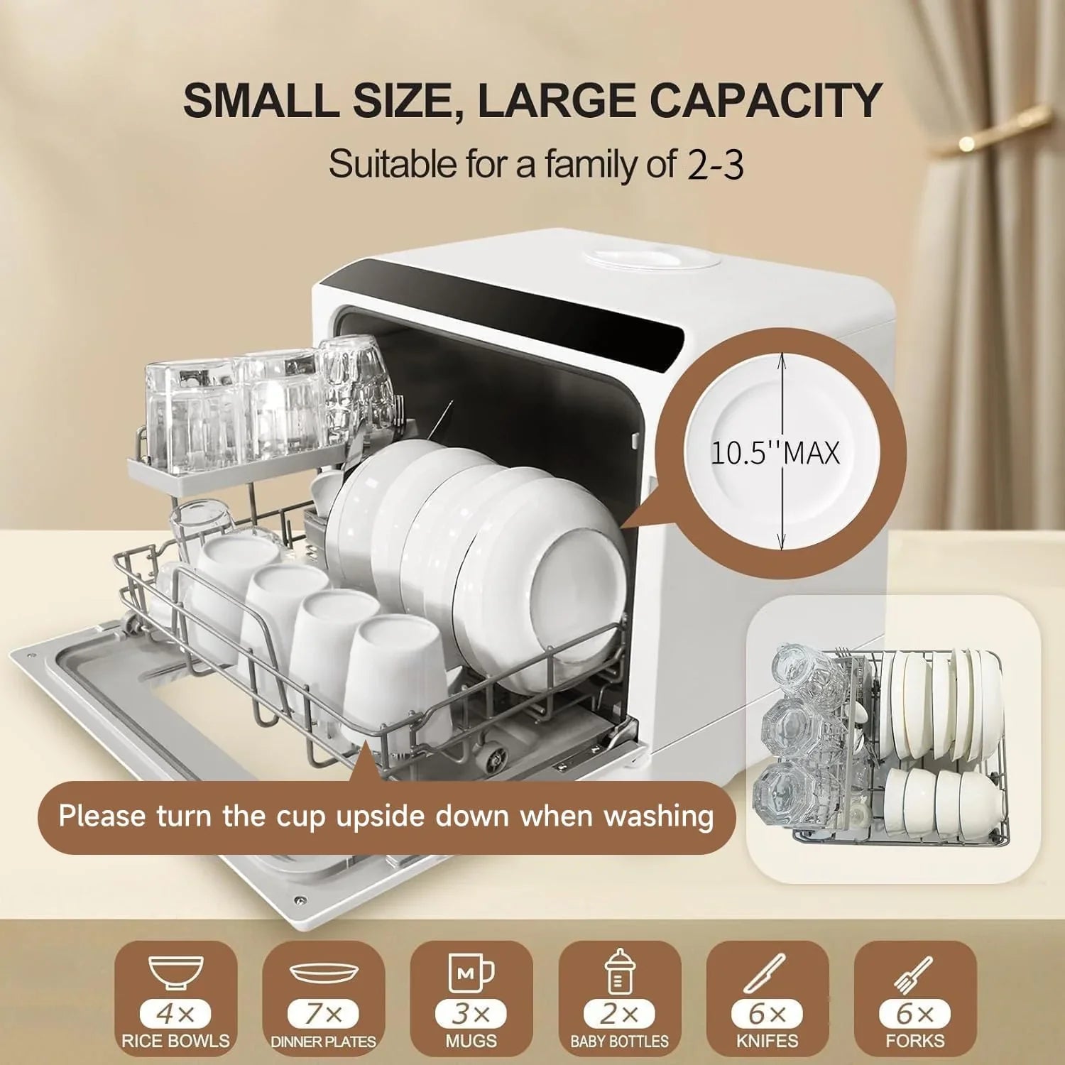 Mini lave-vaisselle de comptoir. Compact avec fonction séchage. Double bras gicleurs. Lave-vaisselle de comptoir portable.