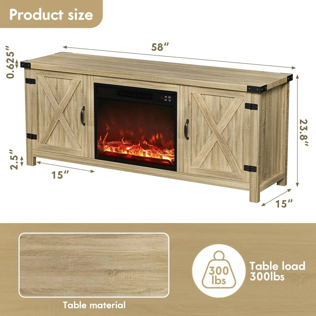 YESHOMY tv-meubel met open haard en twee schuifdeuren, opbergkasten voor tv's tot 65 inch en groter, entertainmentmeubel, mediameubel voor de woonkamer, 58 inch 