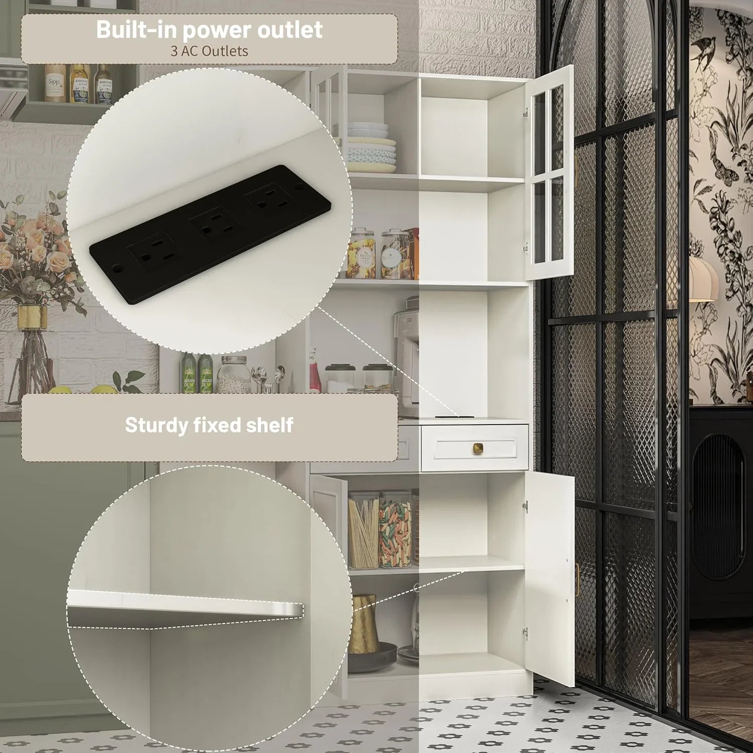 Armoire de garde-manger de 180 cm de haut avec portes vitrées