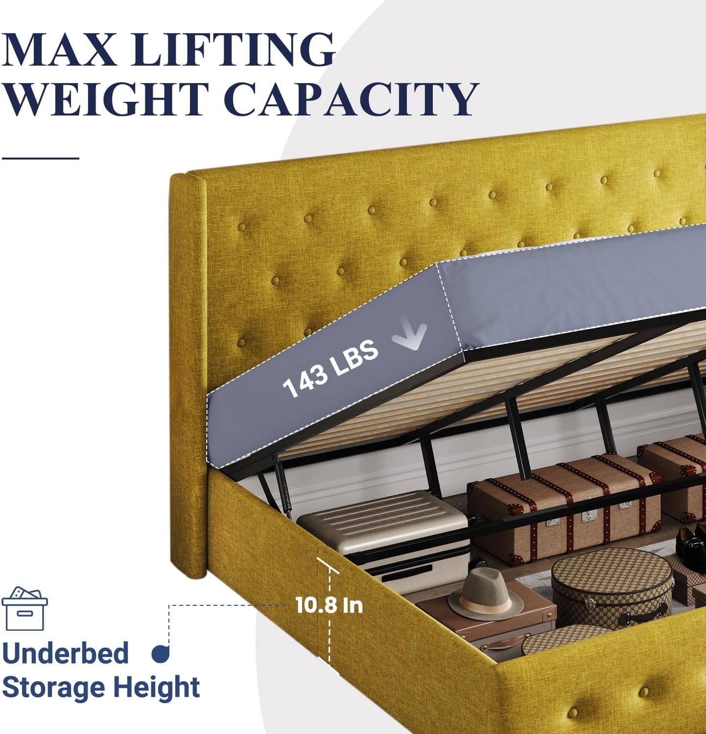 Lit queen-size relevable avec rangement Allewie, tête de lit à oreilles moderne et support hydraulique