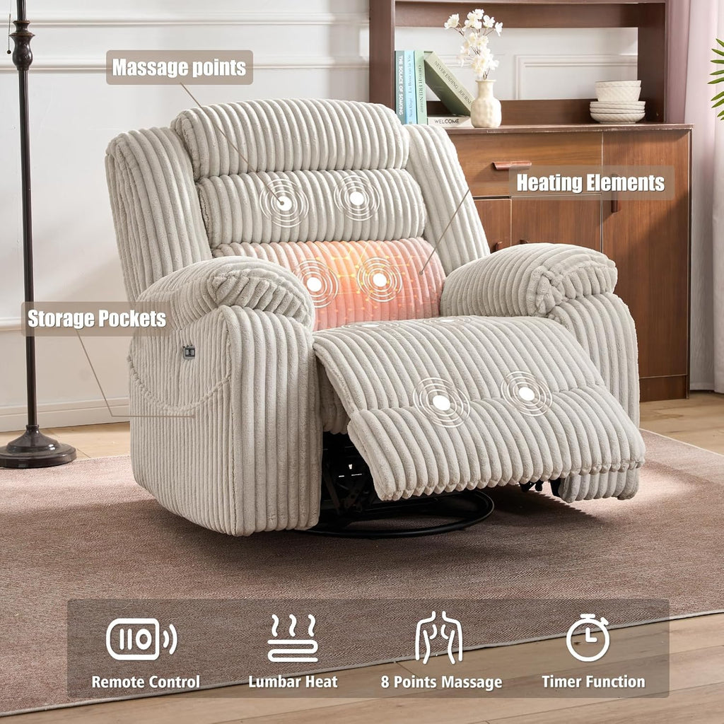 Fauteuil à bascule électrique rotatif pour adultes avec massage et calories, ports de charge USB et C