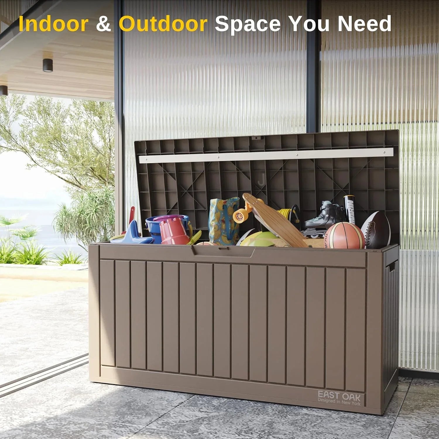 Coffre de rangement extérieur EAST OAK, coffre de terrasse de 60 gallons, utilisation intérieure et extérieure, bac de rangement en résine imperméable