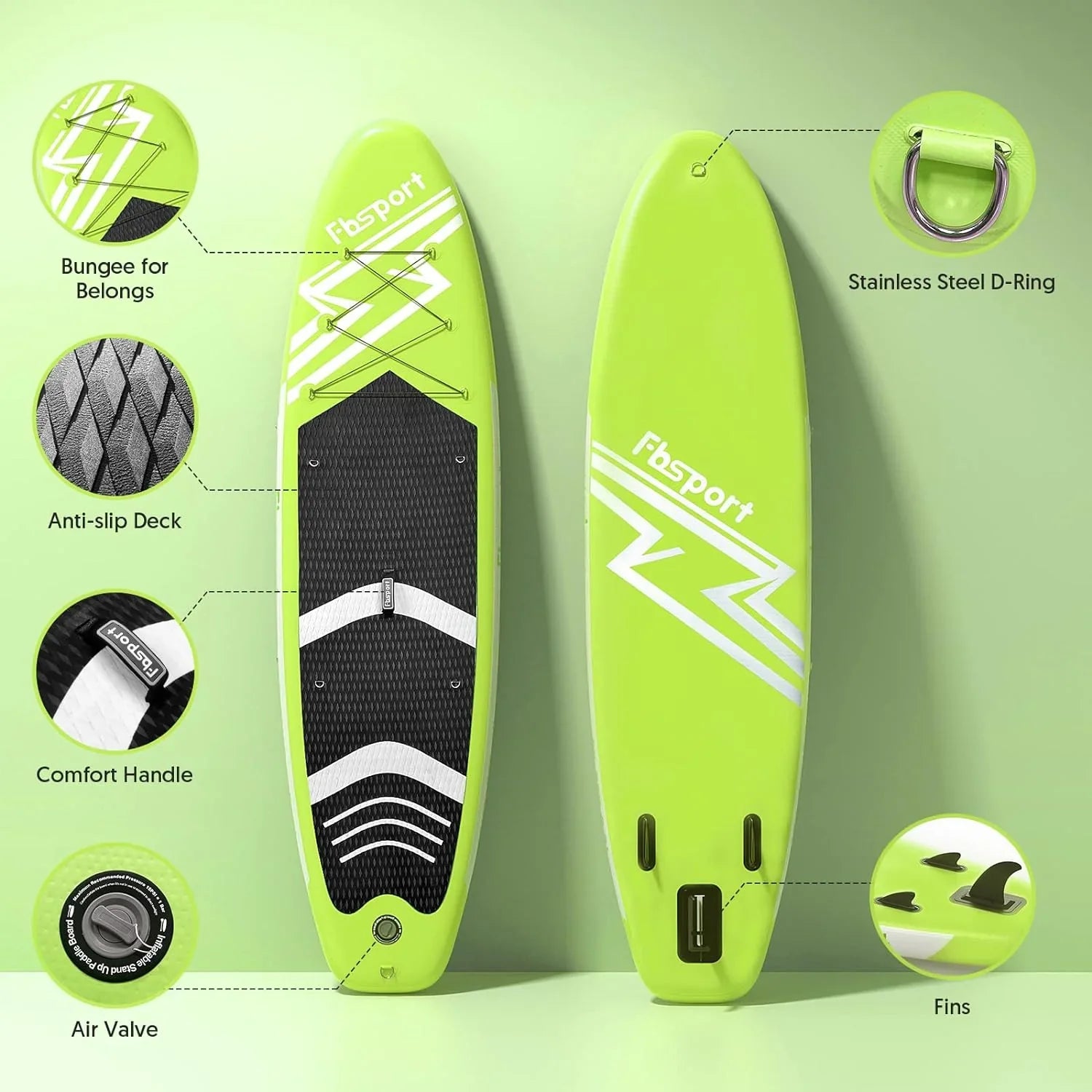 Planche de stand up paddle FBSPORT Premium 11', planche de yoga, contrôle du surf, pont antidérapant, attache, pagaie et pompe