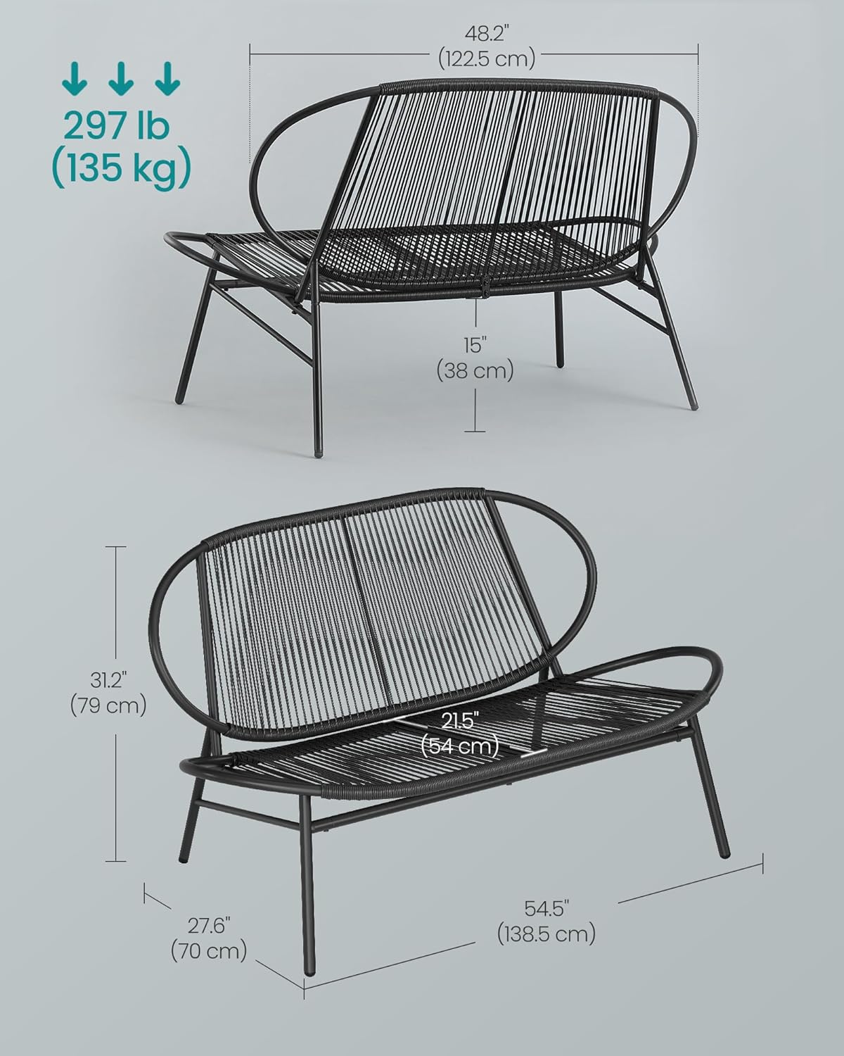Canapé d'extérieur 2 places avec dossier en rotin synthétique