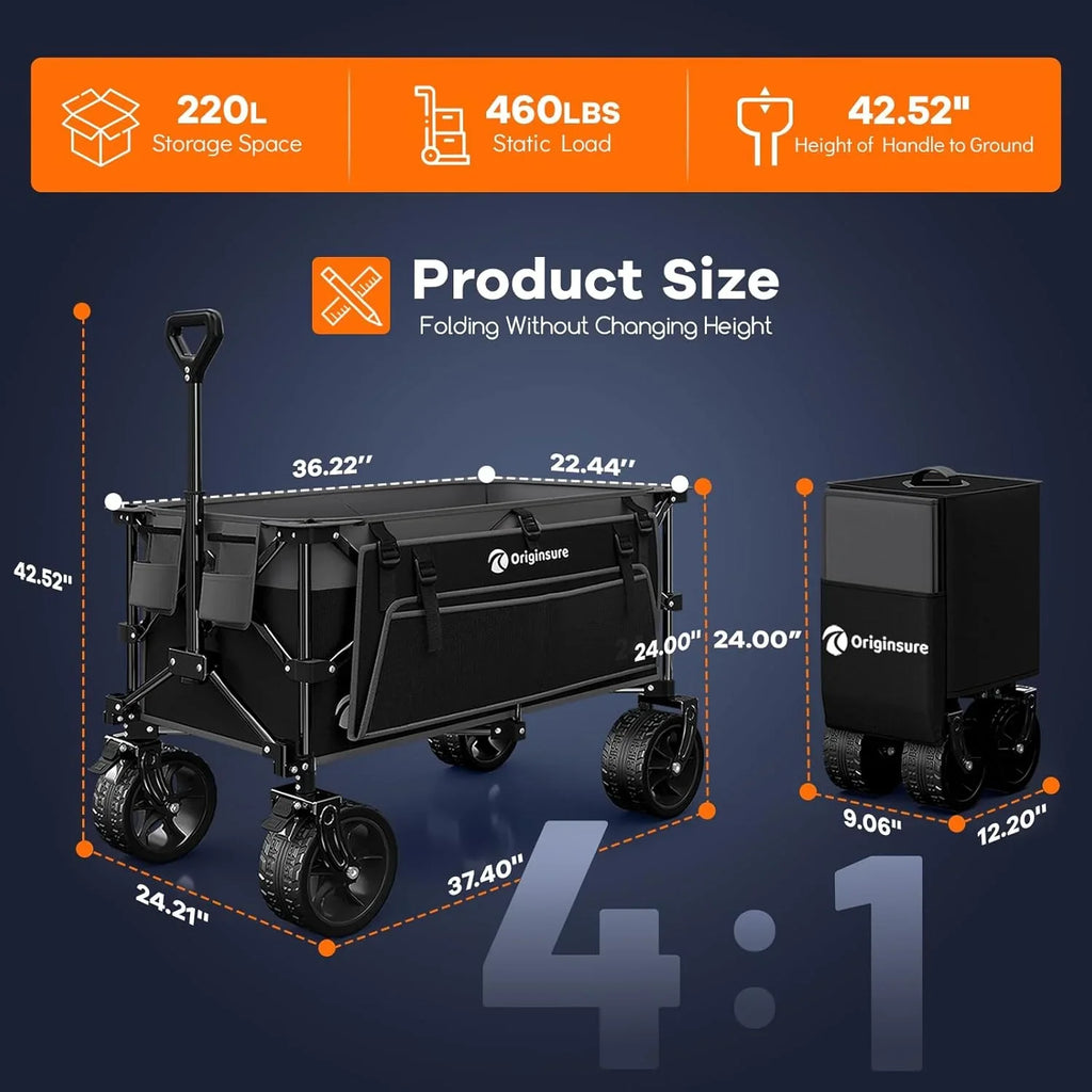 Poussette pliable à quatre roues de 96 cm de long, pliable, capacité de 200 kg, poussette de plage pliable robuste de 220 litres avec de grands pneus tout-terrain