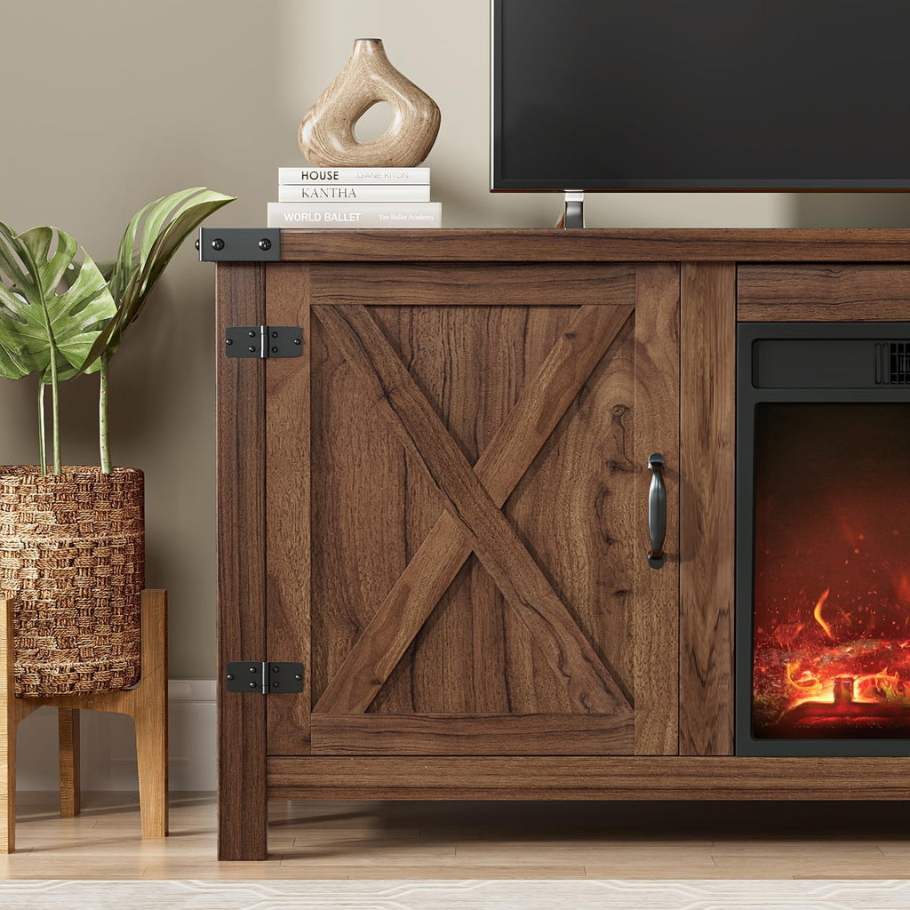 YESHOMY tv-meubel met open haard en twee schuifdeuren, opbergkasten voor tv's tot 65 inch en groter, entertainmentmeubel, mediameubel voor de woonkamer, 58 inch 