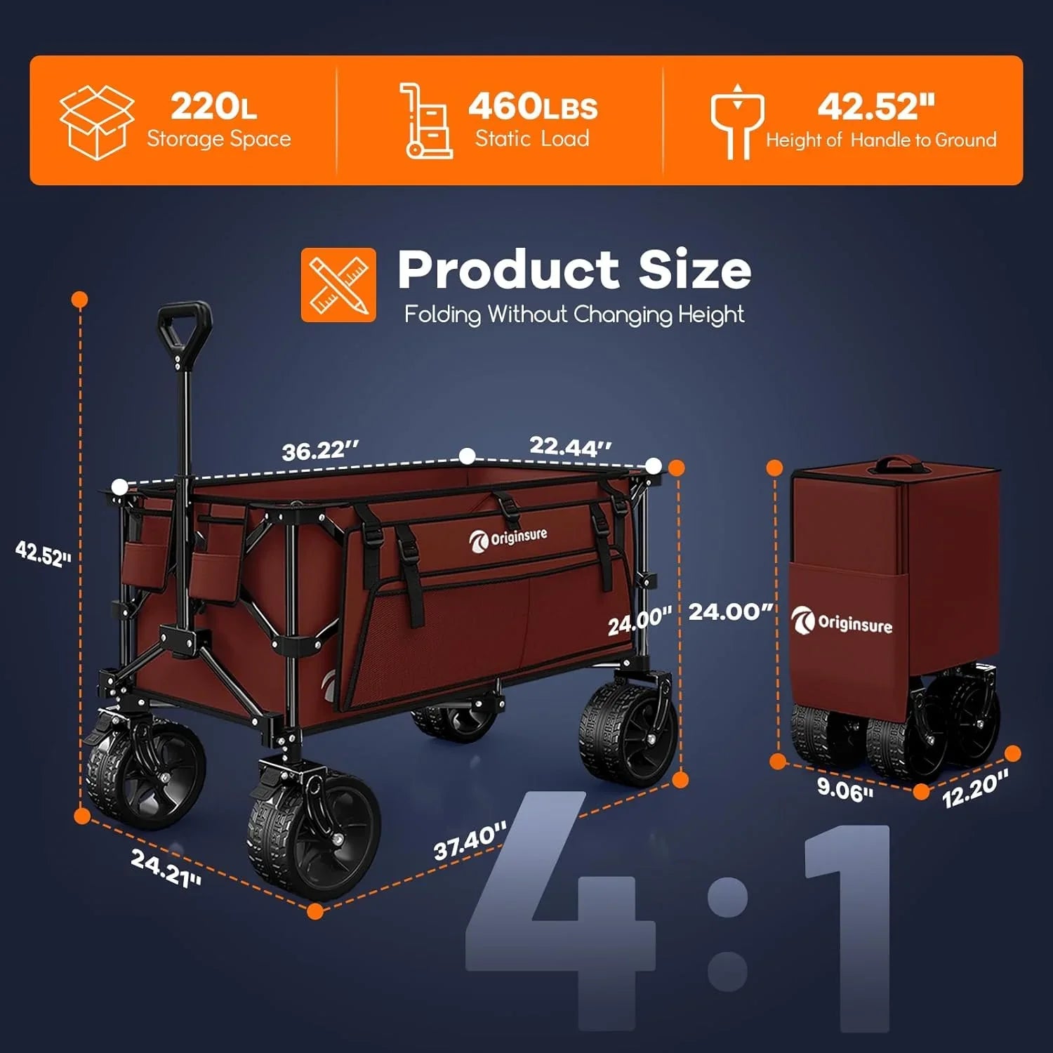 Poussette pliable à quatre roues de 96 cm de long, pliable, capacité de 200 kg, poussette de plage pliable robuste de 220 litres avec de grands pneus tout-terrain
