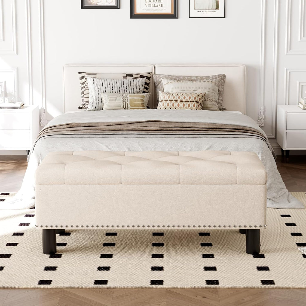 Tabouret de rangement moderne Furniliving, tabouret de bout de lit en bois massif Sherpa, tabouret rembourré tabouret d'intérieur