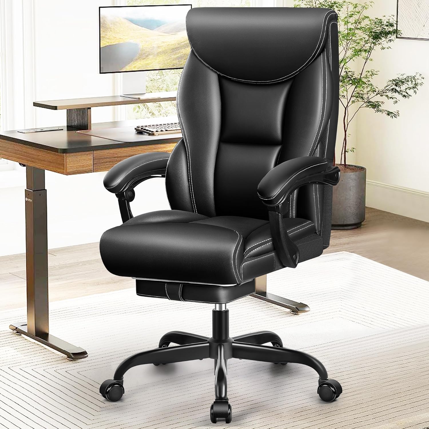 Chaise de bureau pivotante à pieds hauts, en cuir respirant, avec support lombaire